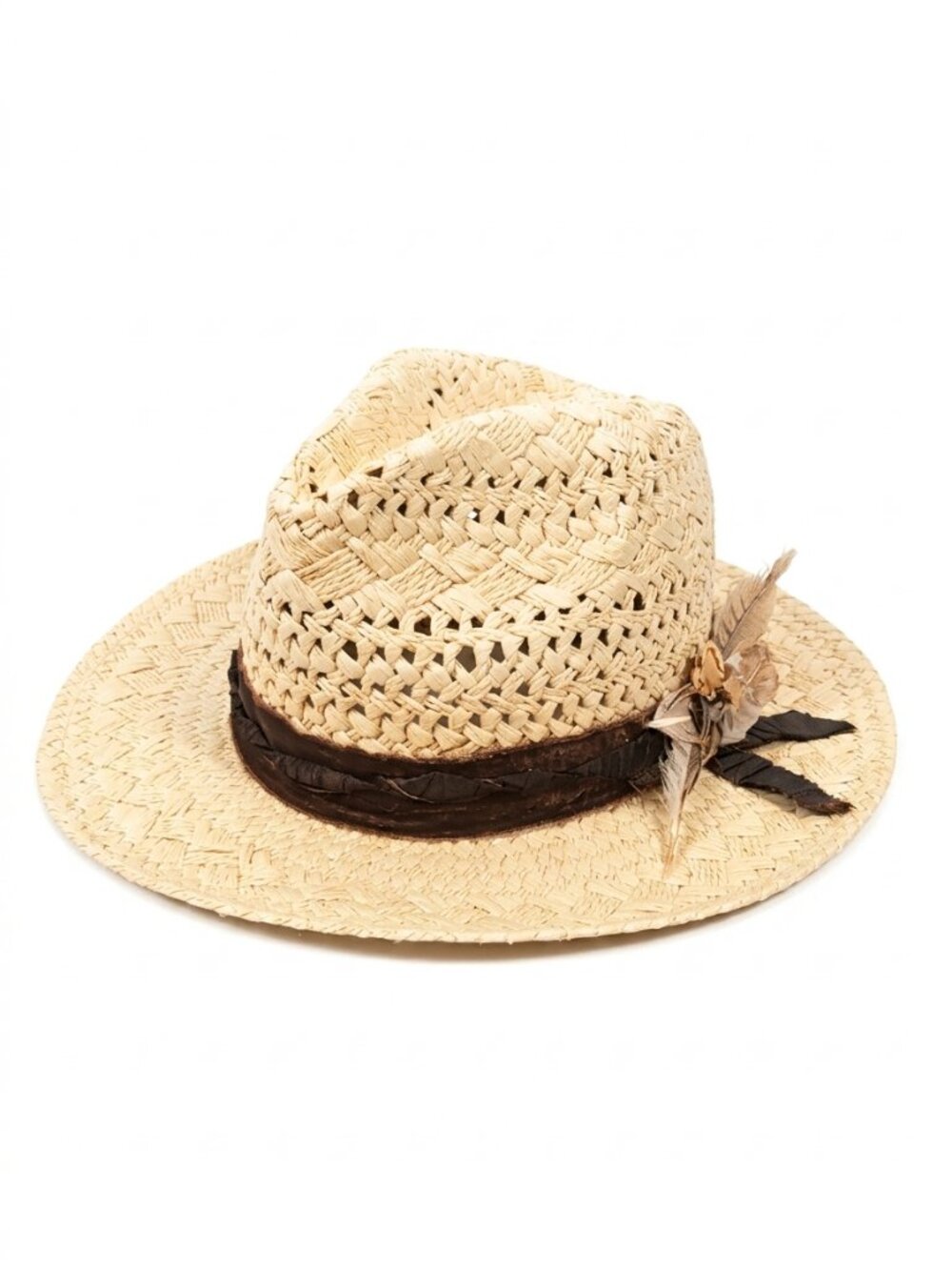 Macchia Di Ruggine Paper Fedora Straw Sun Hat Feather Floral Accent Cream Brown